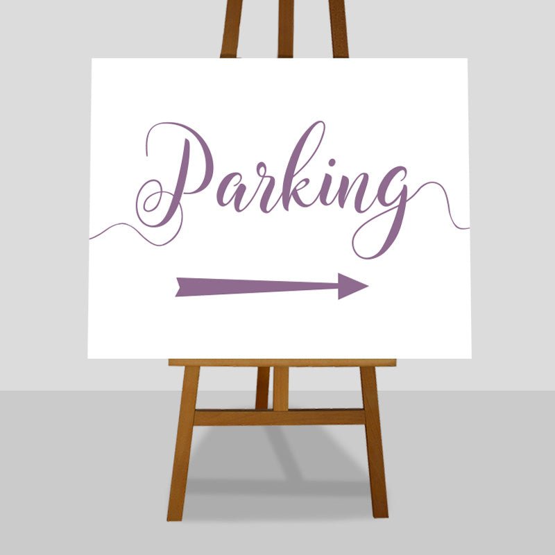 amethyst purple wedding parking arrow sign on an easel