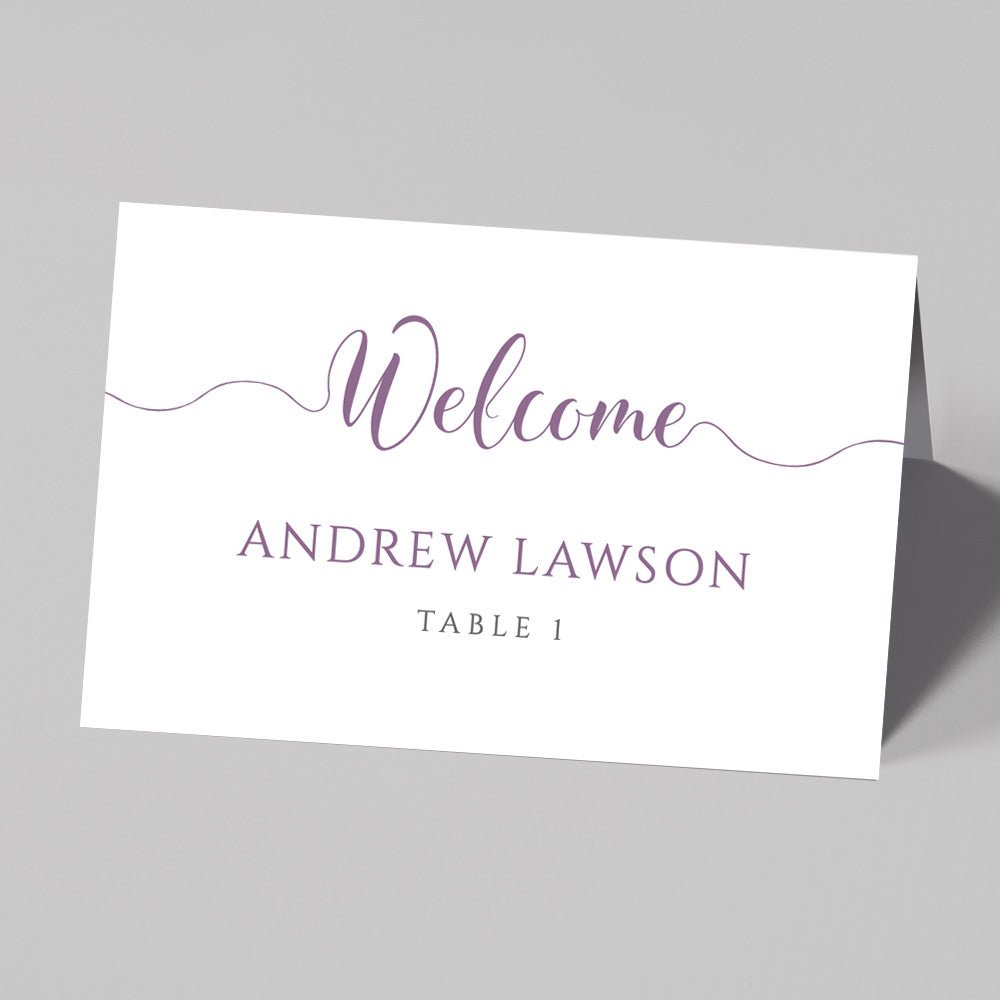 amethyst purple wedding table place card with name and table number