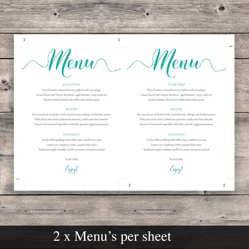 aqua wedding menu template set up to print two per page