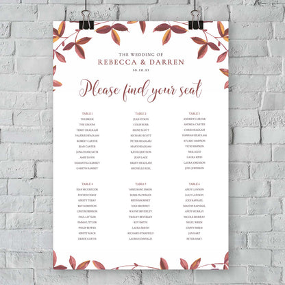 autumn fall seating chart hanging from a wall