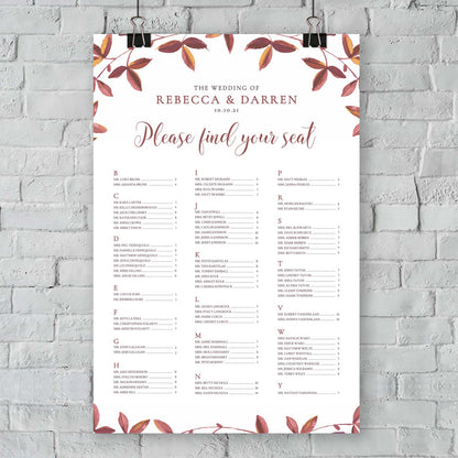 autumn fall alphabetical seating chart hanging wall