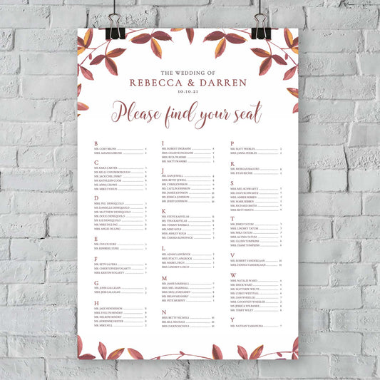 autumn fall alphabetical seating chart hanging wall