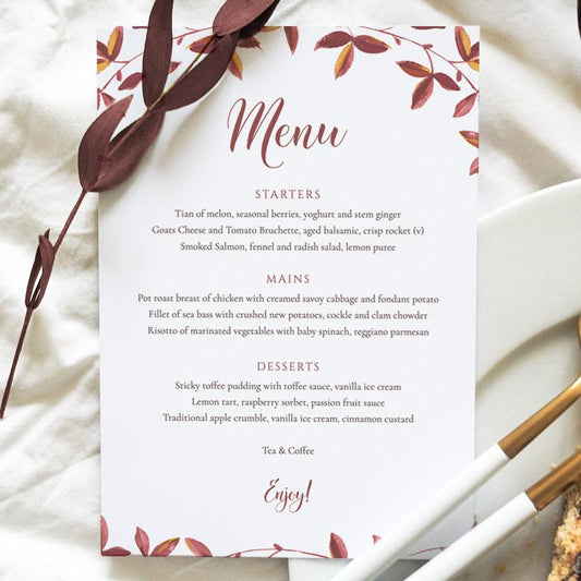 5"x7" autumn fall wedding table menu card