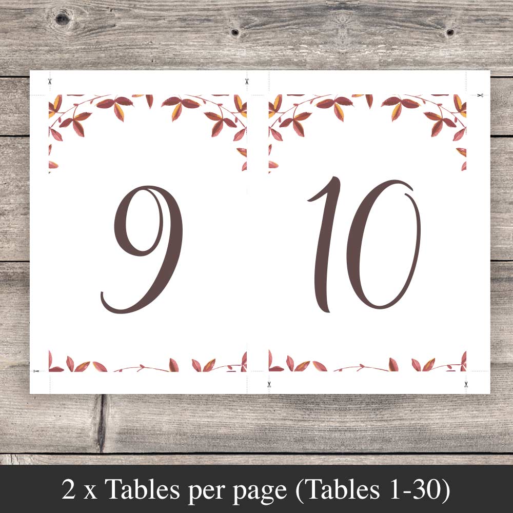 autumn leaves table numbers 2 per page