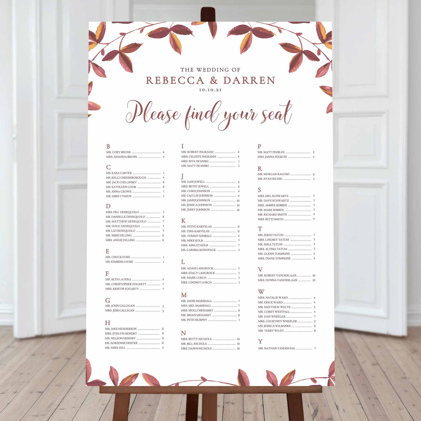 autumn leaves wedding seating chart alphabetical