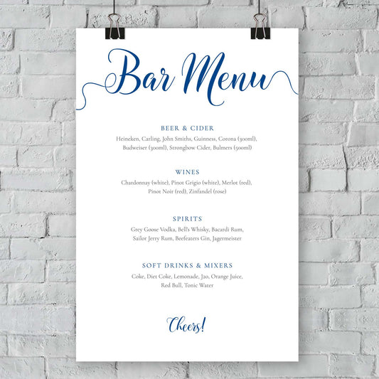 azure blue bar menu template printed on card mounted on a wall