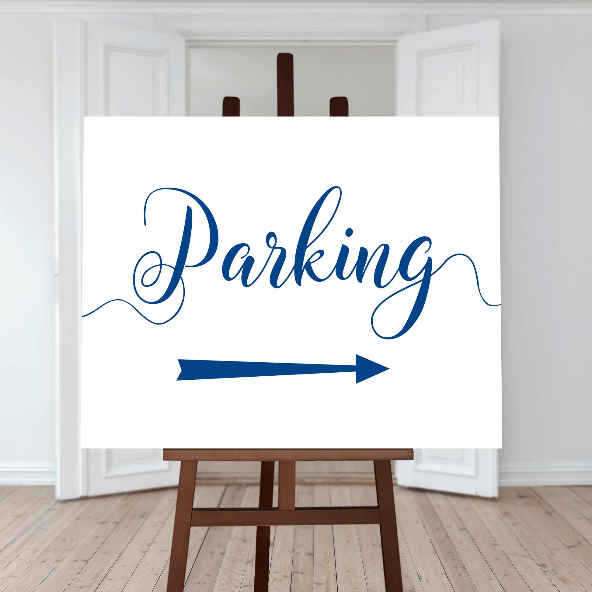 azure blue wedding car park directions sign with an arrow pointing right