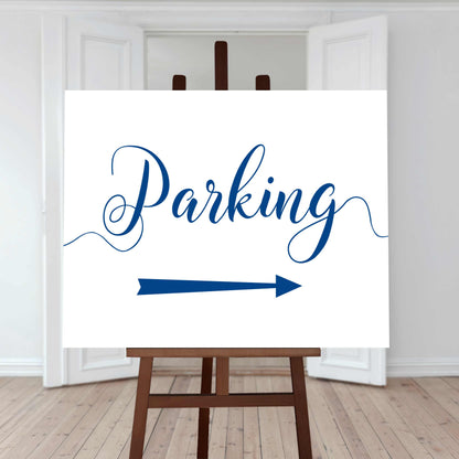 azure blue wedding car park directions sign with an arrow pointing right