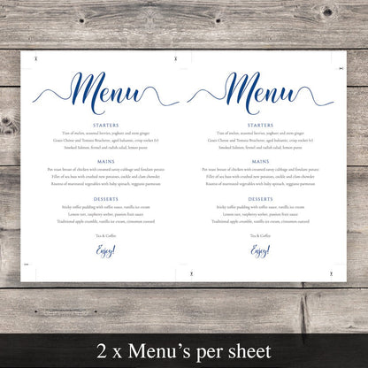 azure blue wedding menu template set up to print 2 per sheet