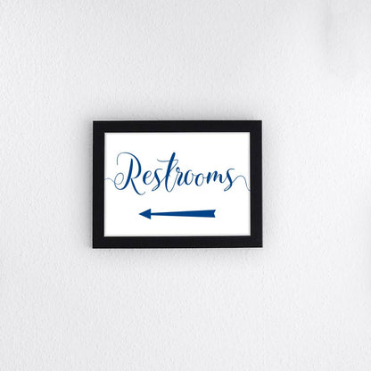 azure blue wedding restrooms directional arrow sign in a frame