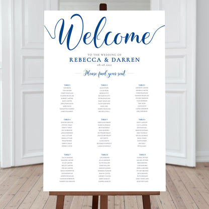 azure blue wedding seating chart with 9 tables