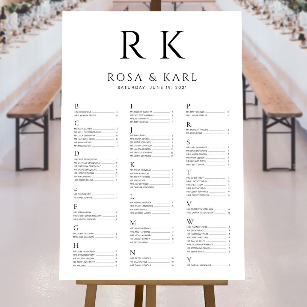 black & white bride and groom initials a-z seating plan at wedding reception