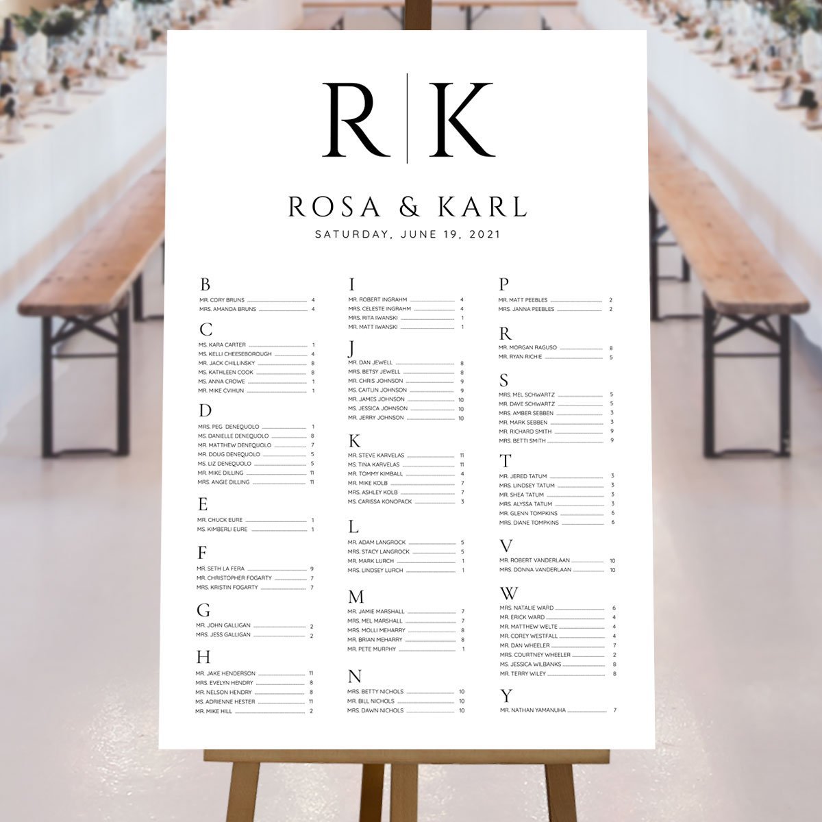 black & white bride and groom initials a-z seating plan at wedding reception