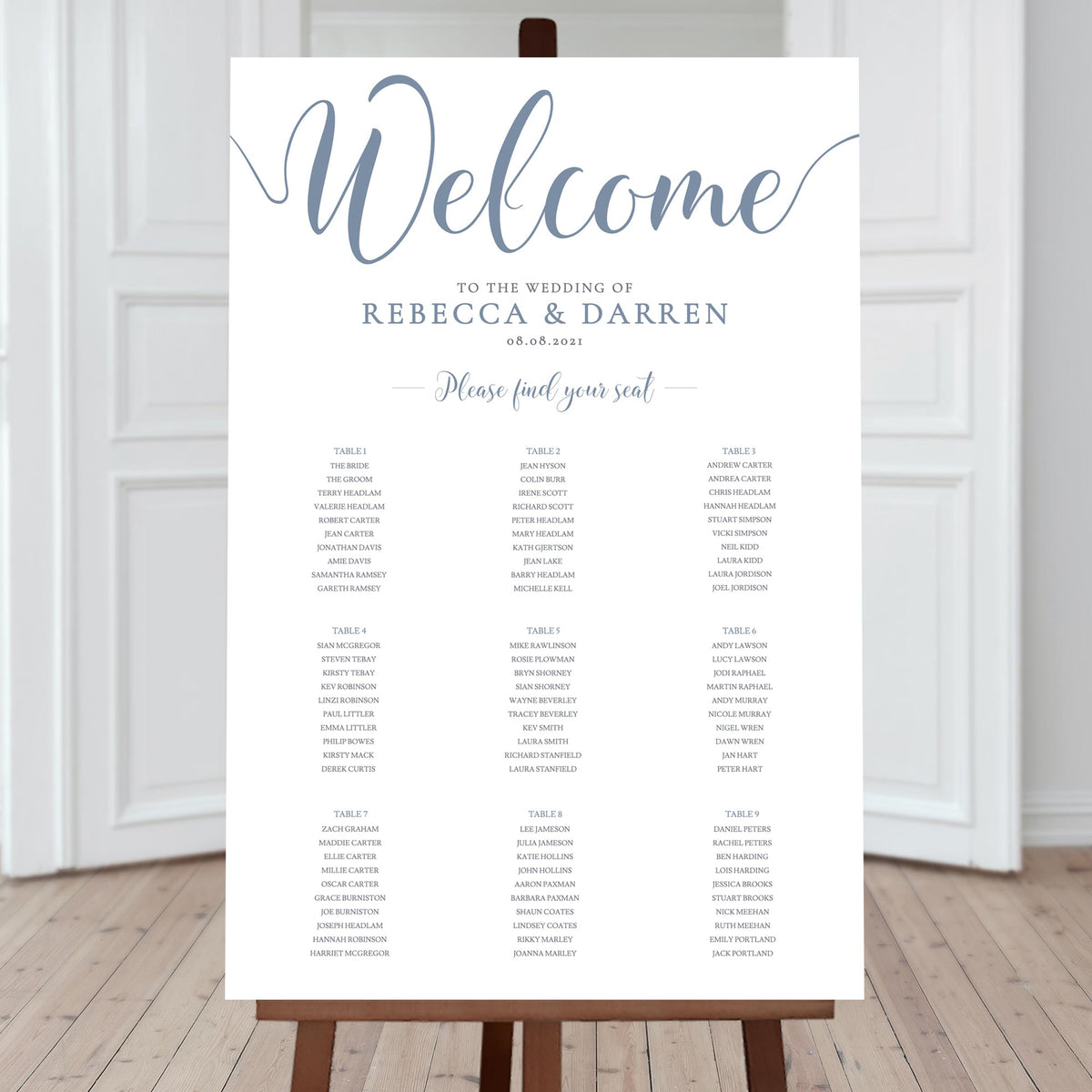 baby blue seating chart with 9 tables