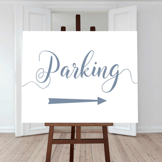 baby blue wedding car park directions sign with an arrow pointing right