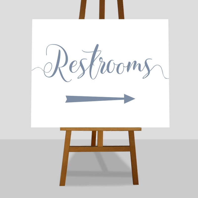 baby blue wedding restrooms arrow sign on an easel