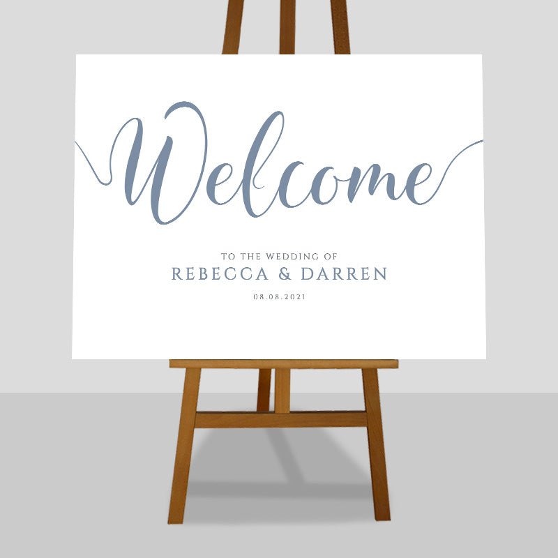 baby blue wedding welcome sign on an easel