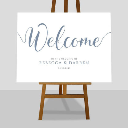 baby blue wedding welcome sign on an easel