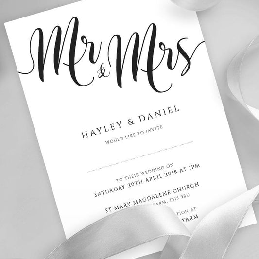 mr and mrs black and white wedding invitation template with ribbons