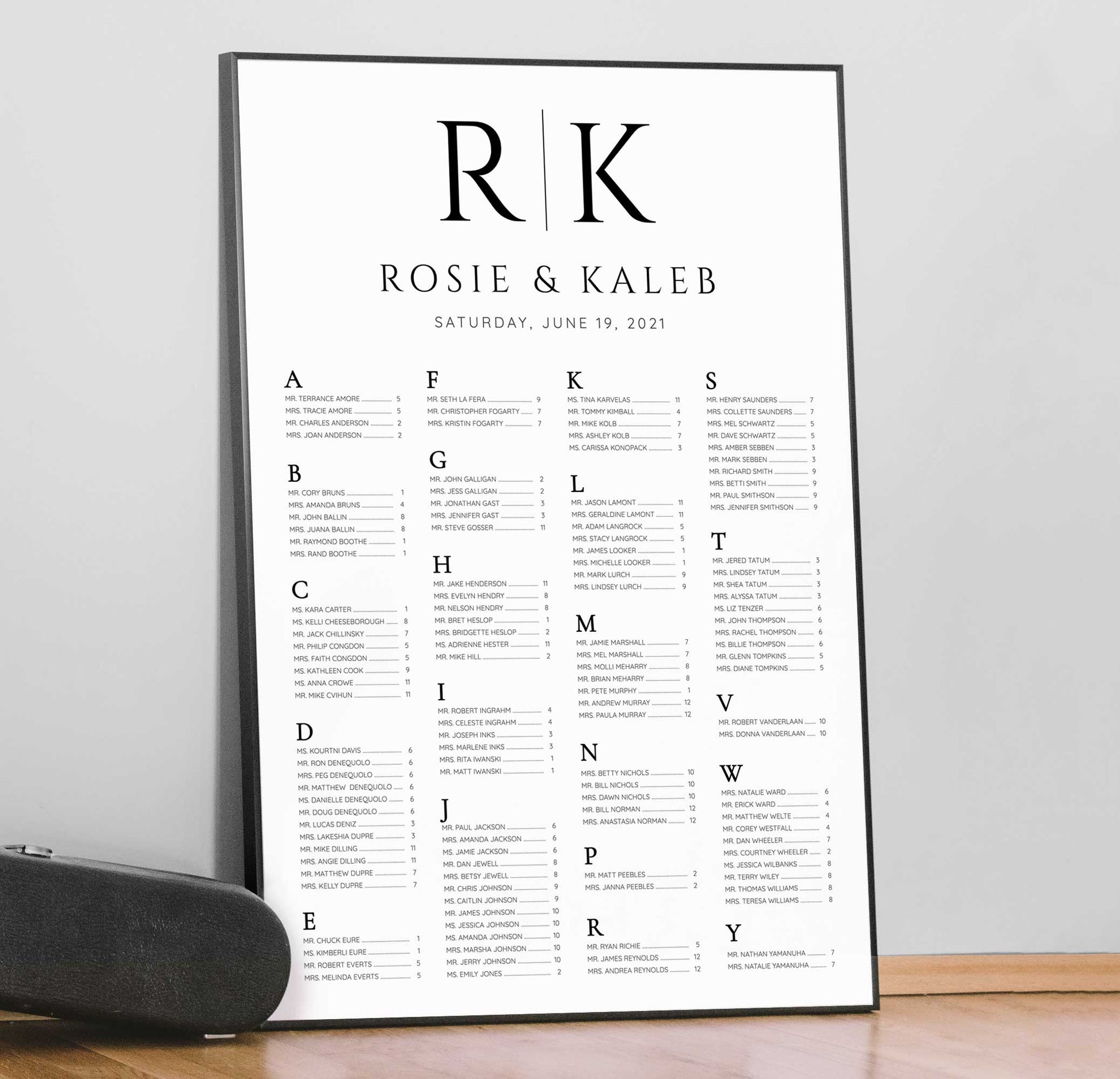 black bride and groom initials alphabetical seating chart framed