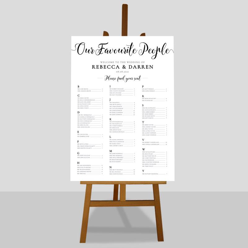 our favourite people alphabetical table plan with 100 guests on a plain background