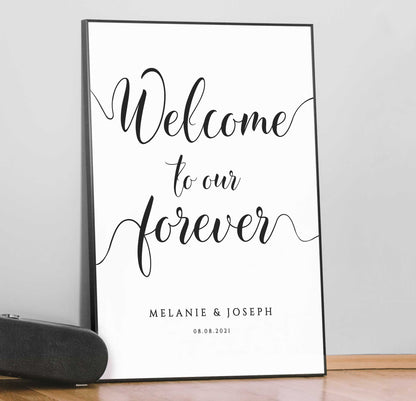 black and white welcome to our forever sign framed print