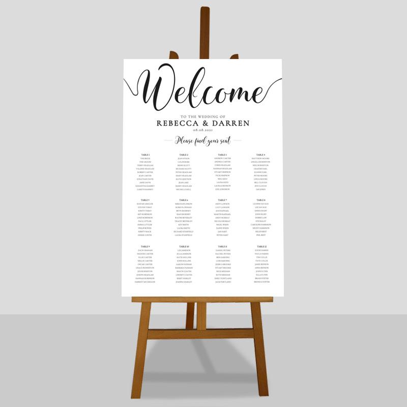 printable seating plan template printed on white card sat on an easel