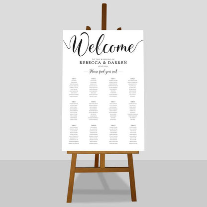 printable seating plan template printed on white card sat on an easel
