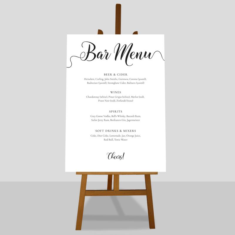 Wedding drinks menu with a list of alcoholic beverages and soft drinks available