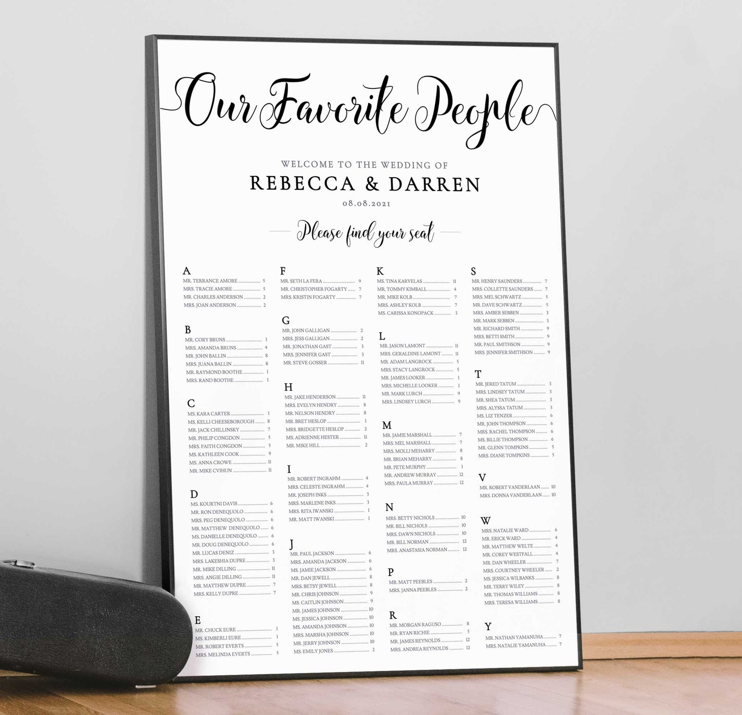 black and white our favorite people alphabetical seating chart framed print