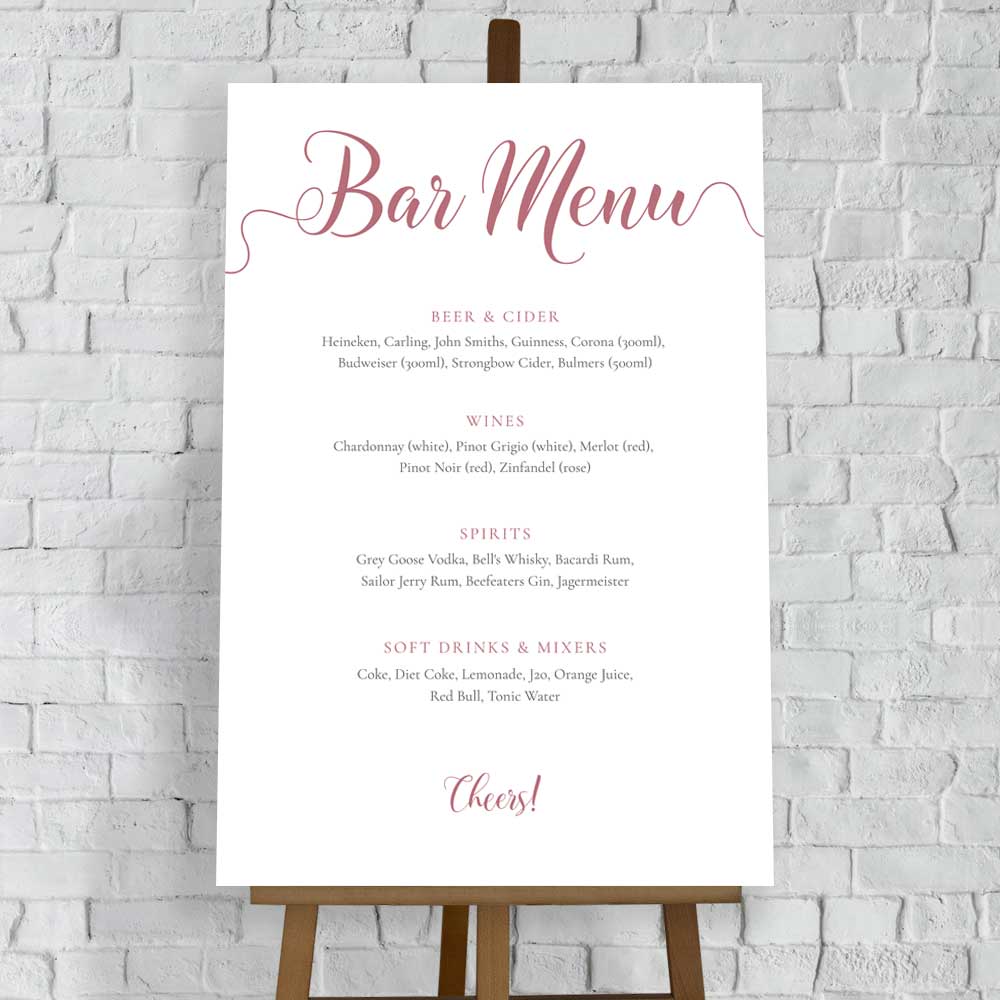 blush pink wedding bar menu printed on white foam board