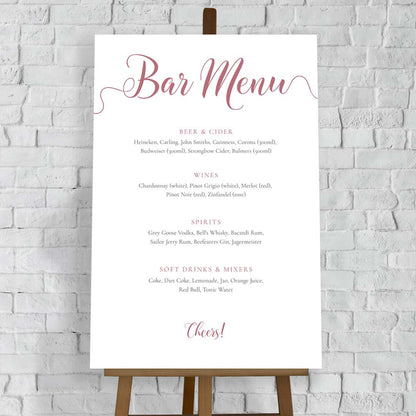 blush pink wedding bar menu printed on white foam board