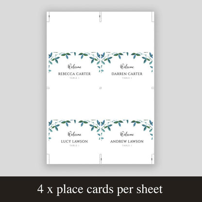 boho folded place card template showing 4 place cards on one sheet of paper