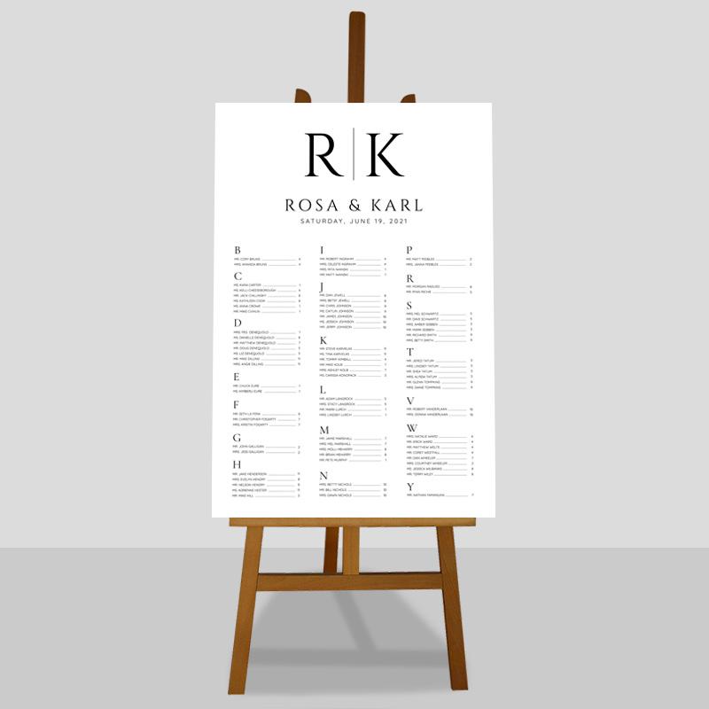bride and groom initials black and white alphabetical table plan plain background