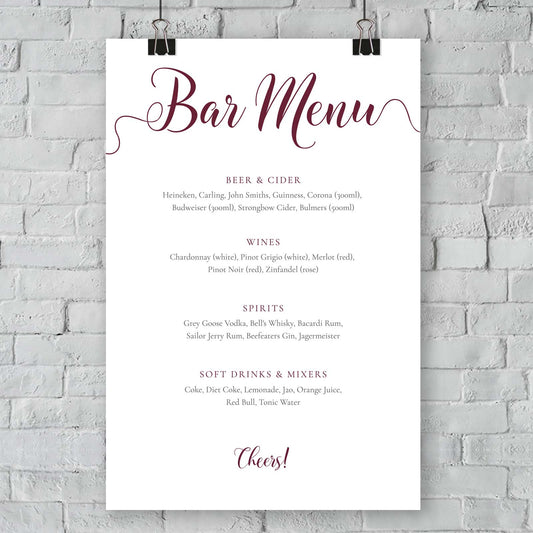 burgundy bar menu template printed on card mounted on a wall