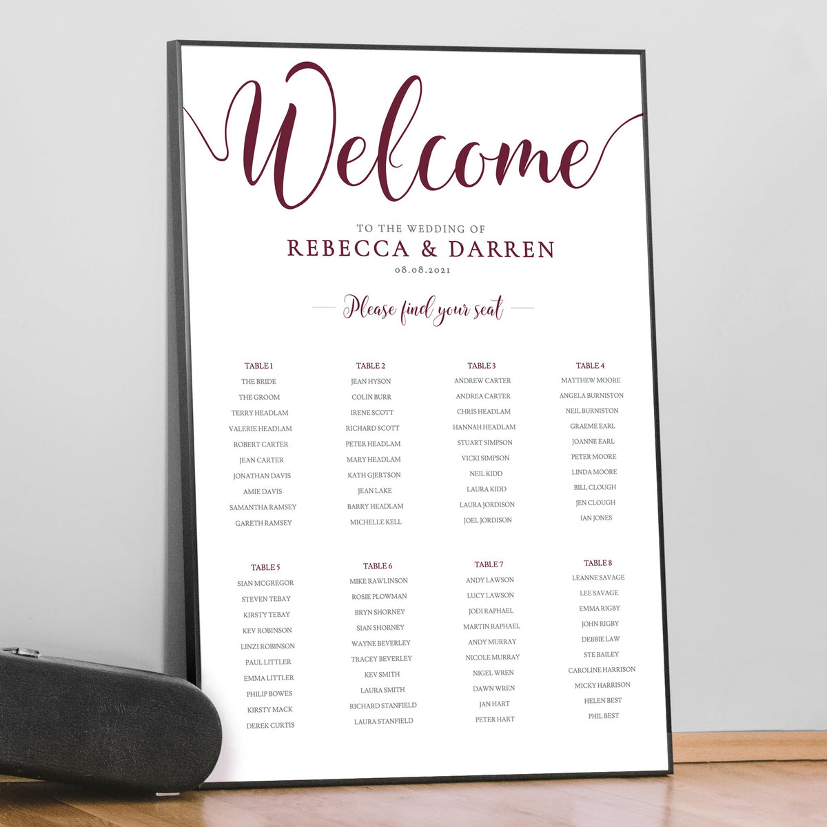 burgundy seating chart print in large frame