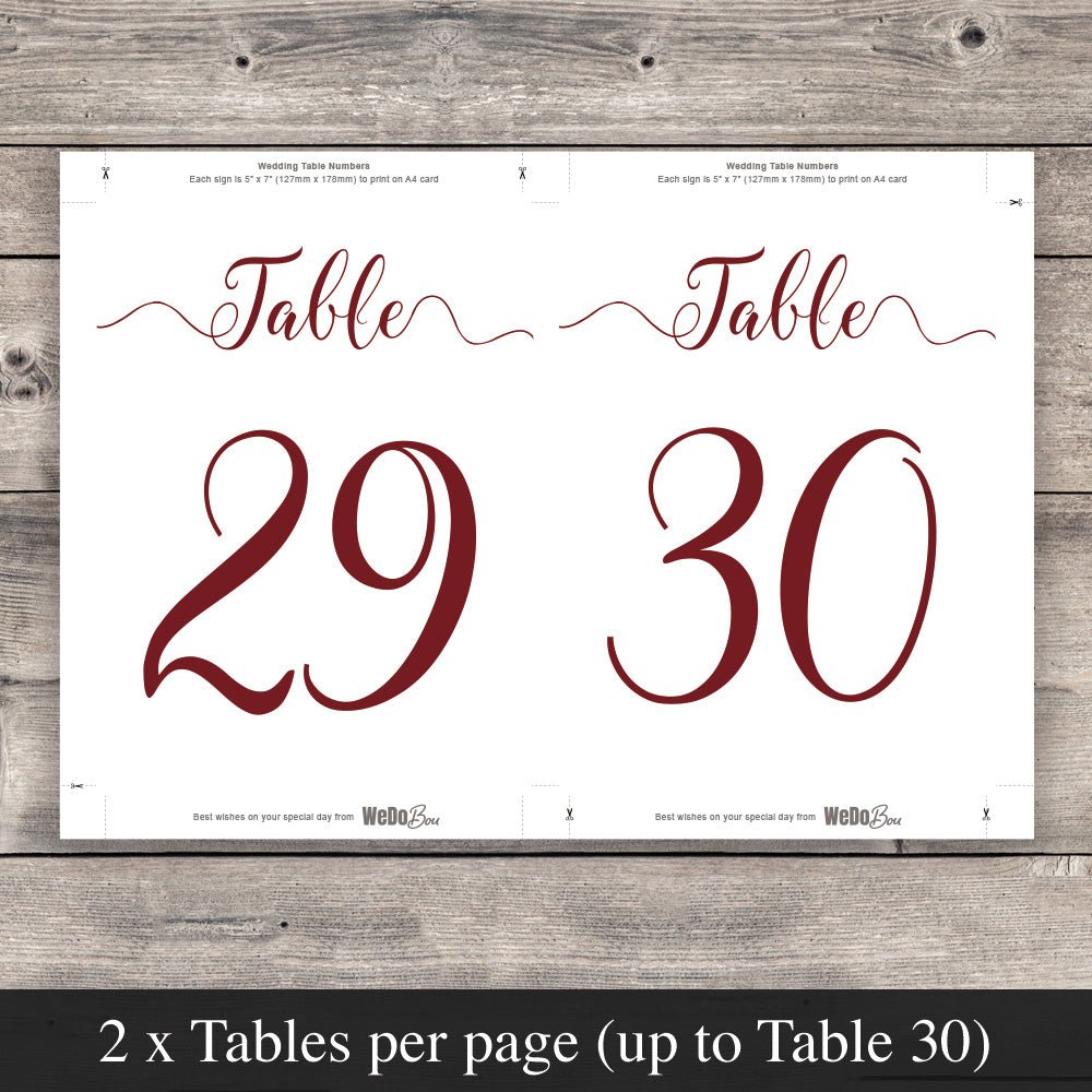 burgundy table numbers template set up to print 2 per page