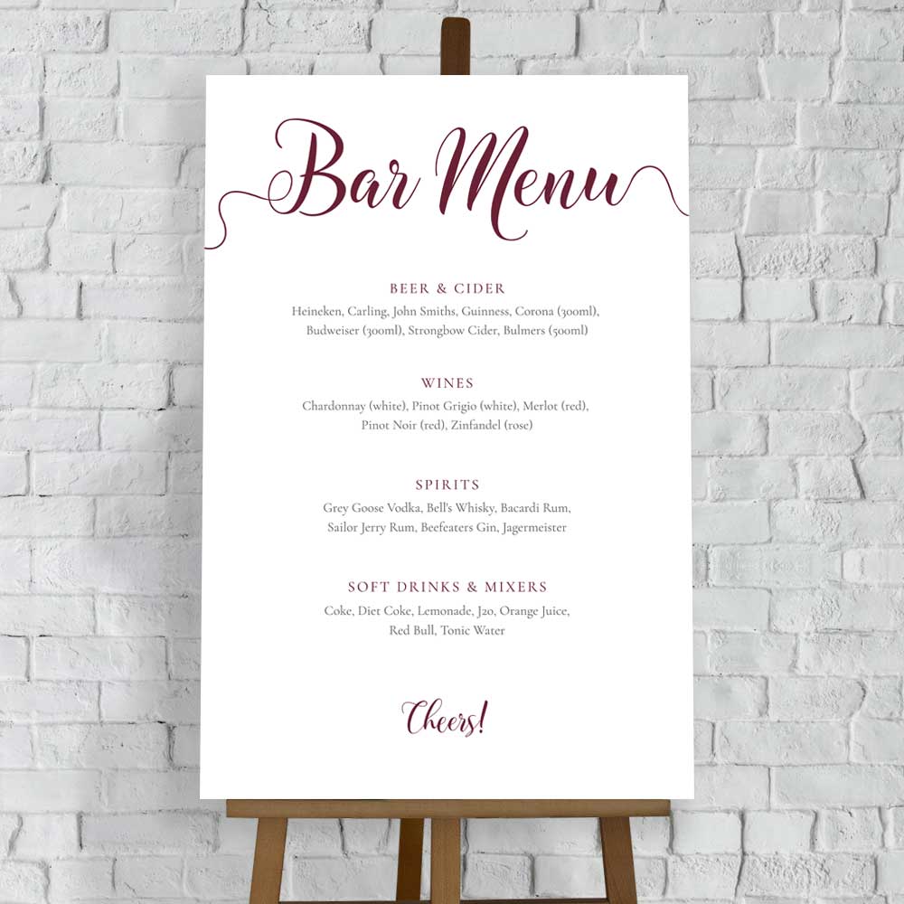 burgundy wedding bar menu printed on white foam board