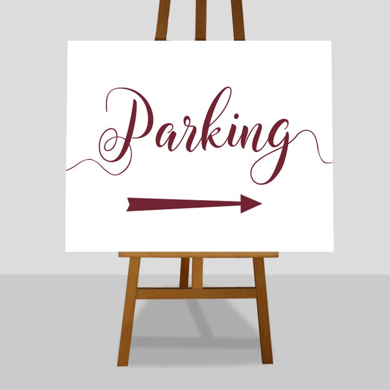 burgundy wedding parking arrow sign on an easel