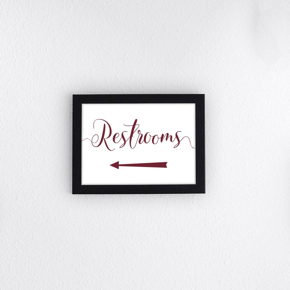burgundy wedding restrooms directional arrow sign in a frame