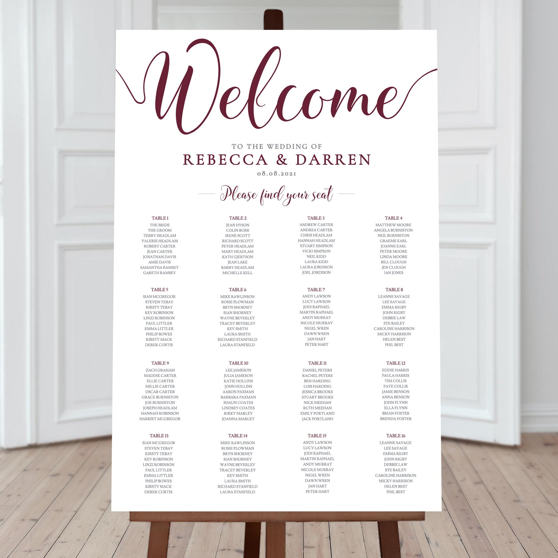 burgundy wedding seating chart 16 tables