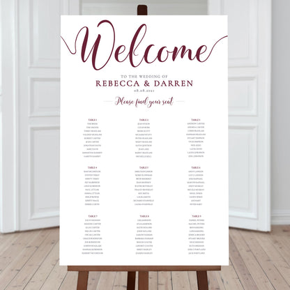 burgundy wedding table chart with 9 tables