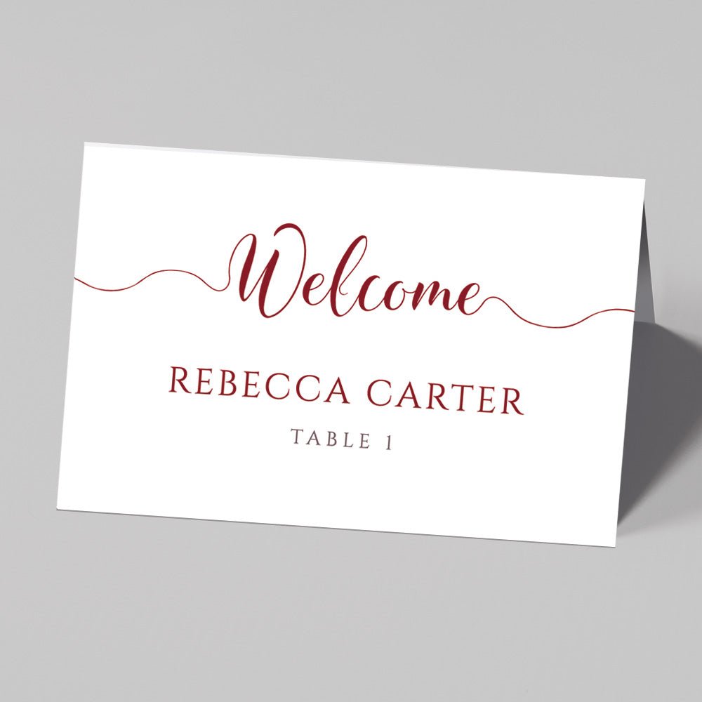 burgundy wedding table place card with name and table number