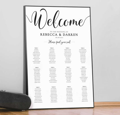 find your seat sign table plan in a black frame