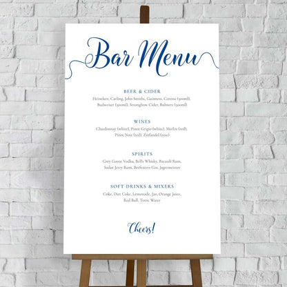 cobalt blue wedding bar menu printed on white foam board