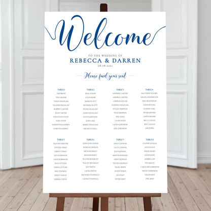 colbalt blue wedding seating chart with 8 tables