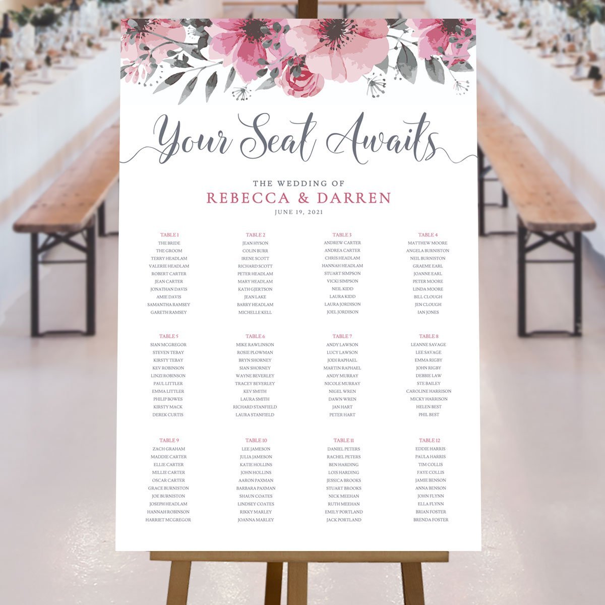 24x36 rustic seating chart template at a wedding reception
