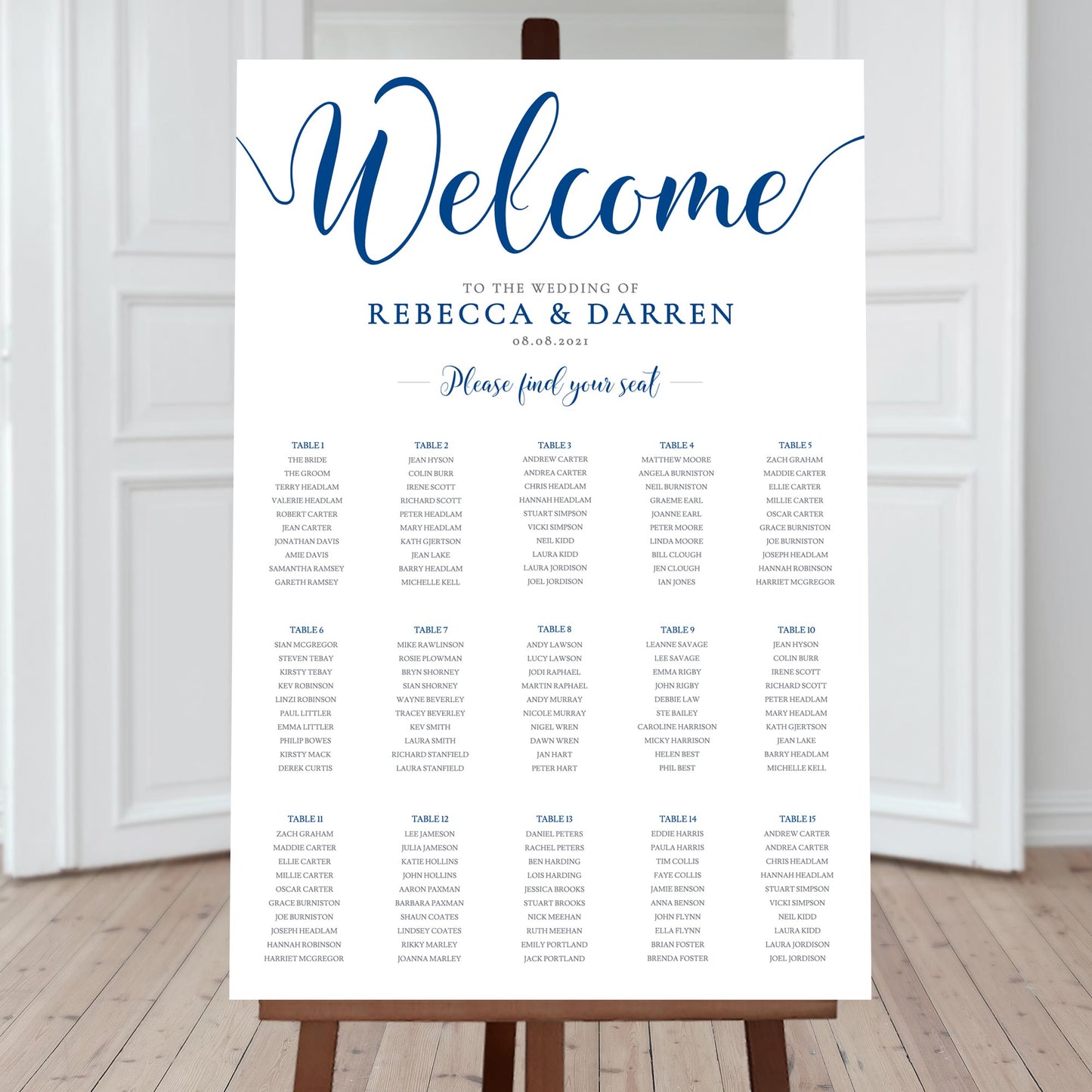 deep blue wedding seating chart with 15 tables