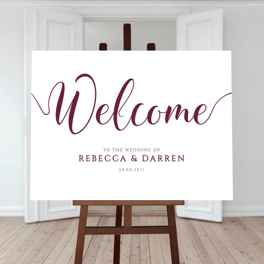 deep red wedding welcome sign