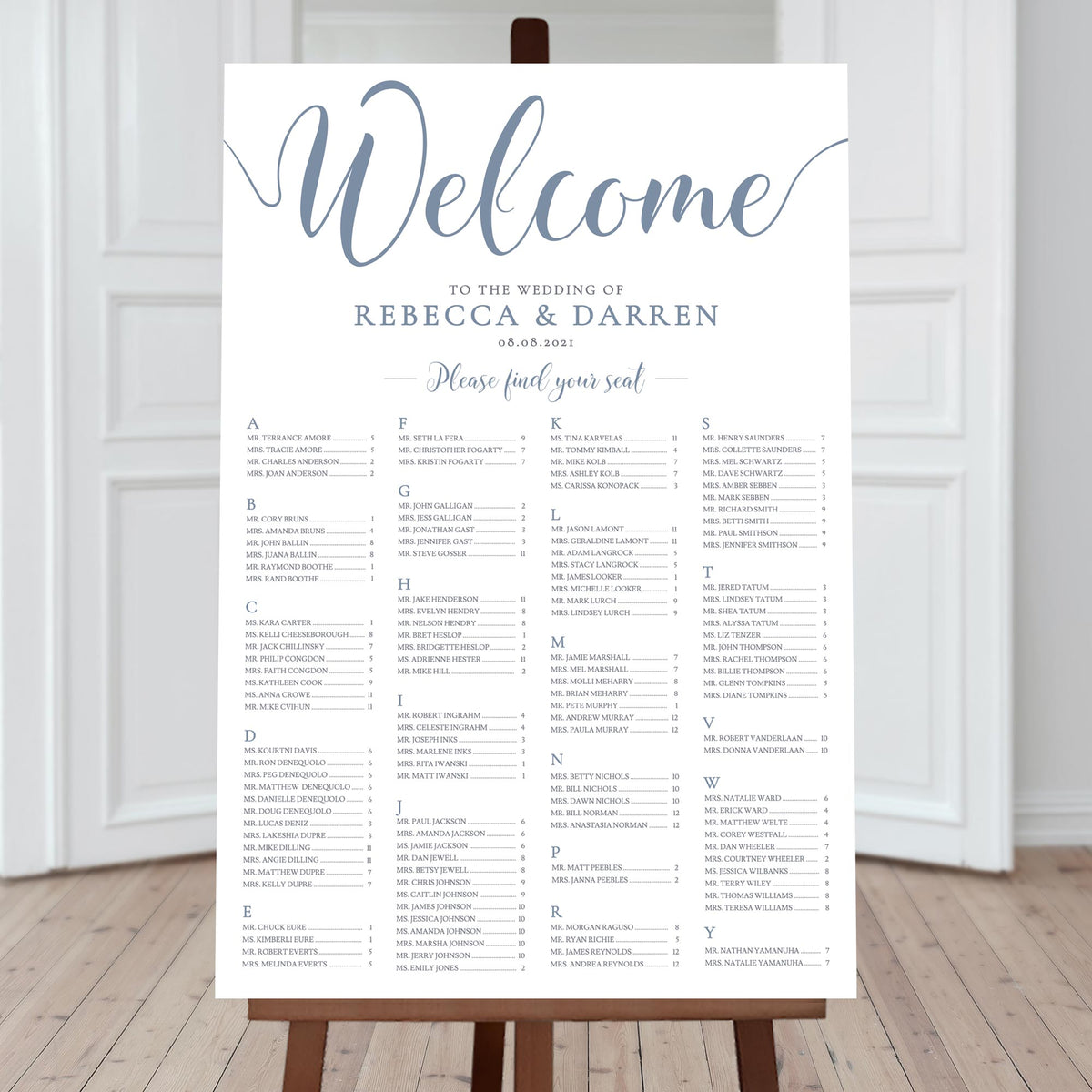 dusty blue 4-column seating chart